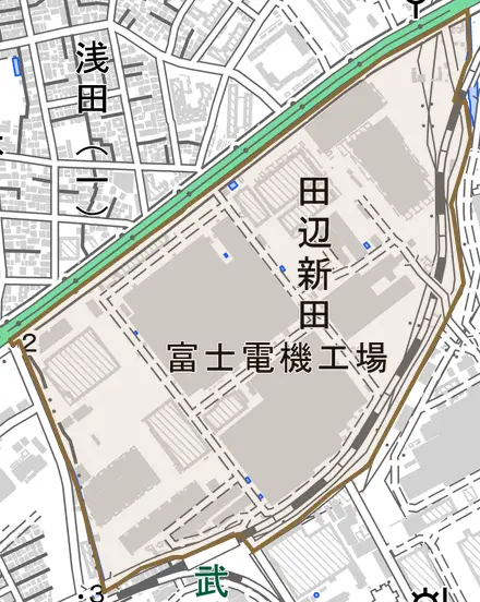 田辺新田とその周辺の地図。町の範囲を重ねている