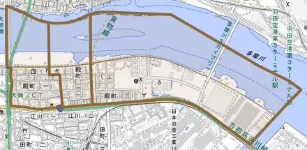 殿町とその周辺の地図。町の範囲を重ねている