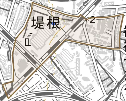 堤根とその周辺の地図。町の範囲を重ねている