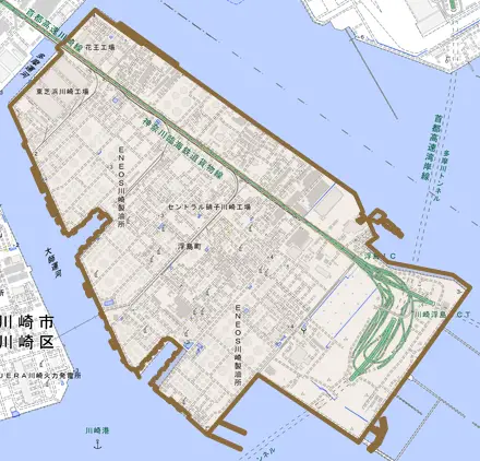 浮島町とその周辺の地図。町の範囲を重ねている