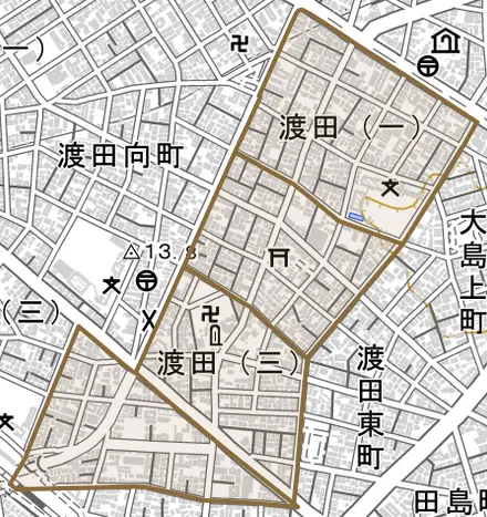 渡田とその周辺の地図。町の範囲を重ねている