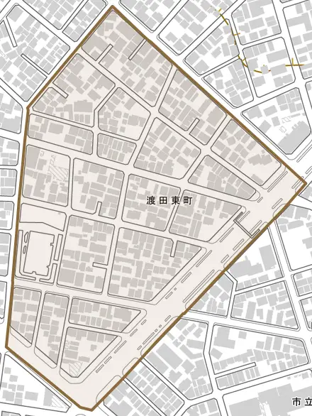 渡田東町とその周辺の地図。町の範囲を重ねている