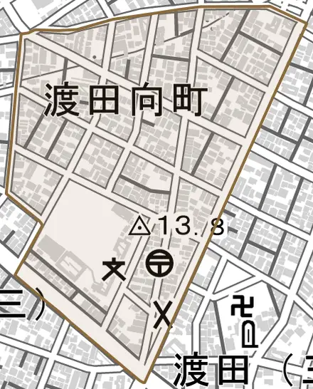 渡田向町とその周辺の地図。町の範囲を重ねている