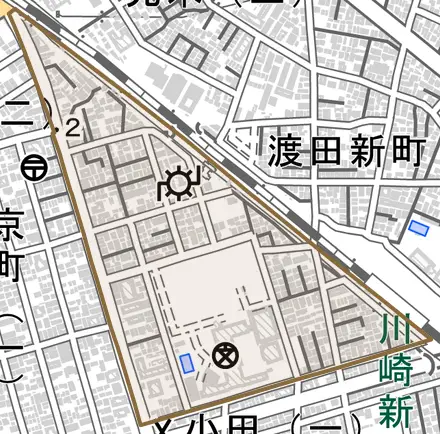 渡田山王町とその周辺の地図。町の範囲を重ねている