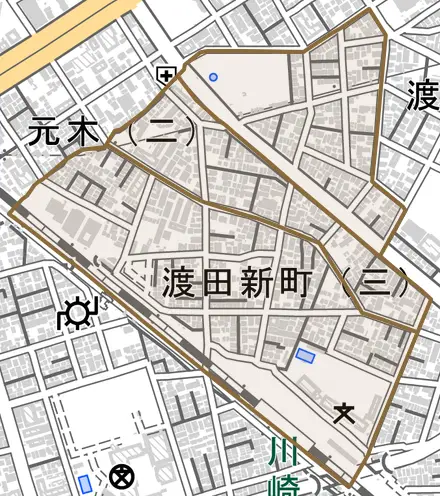 渡田新町とその周辺の地図。町の範囲を重ねている
