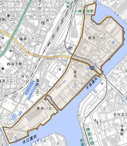 夜光とその周辺の地図。町の範囲を重ねている