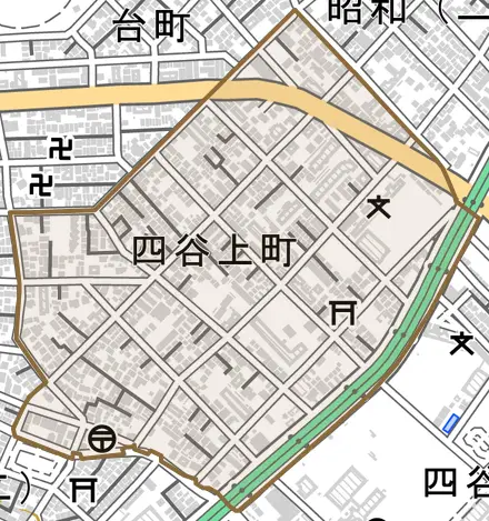 四谷上町とその周辺の地図。町の範囲を重ねている