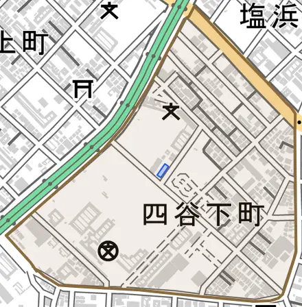 四谷下町とその周辺の地図。町の範囲を重ねている