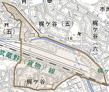 梶ケ谷とその周辺の地図。町の範囲を重ねている