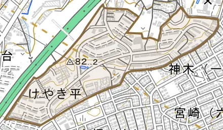 けやき平とその周辺の地図。町の範囲を重ねている