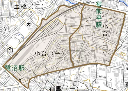 小台とその周辺の地図。町の範囲を重ねている