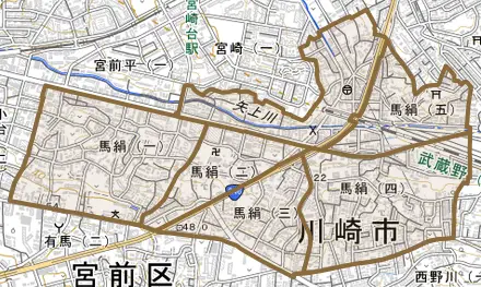 馬絹とその周辺の地図。町の範囲を重ねている