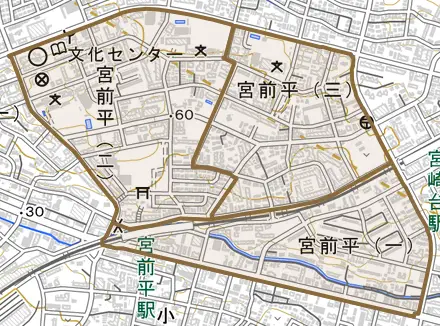 宮前平とその周辺の地図。町の範囲を重ねている