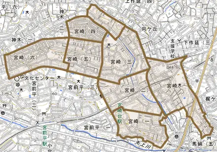 宮崎とその周辺の地図。町の範囲を重ねている