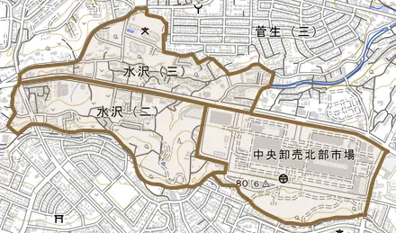 水沢とその周辺の地図。町の範囲を重ねている