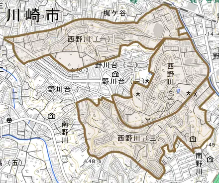 西野川とその周辺の地図。町の範囲を重ねている