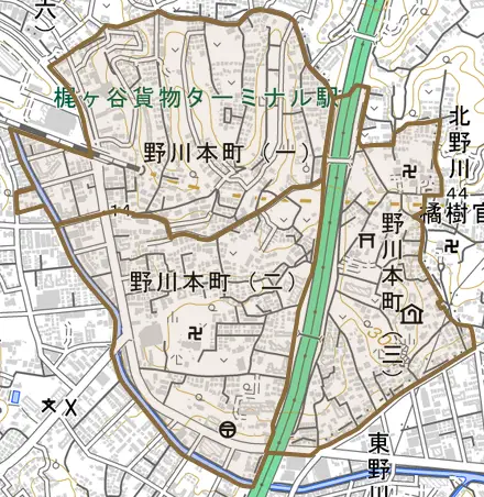 野川本町とその周辺の地図。町の範囲を重ねている