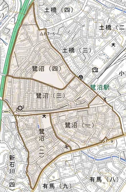 鷺沼とその周辺の地図。町の範囲を重ねている