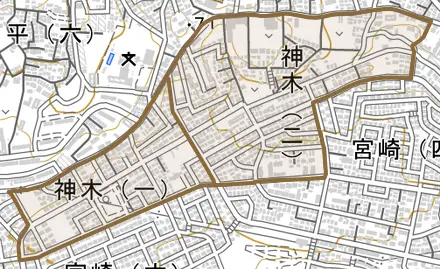 神木とその周辺の地図。町の範囲を重ねている