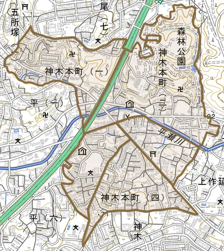 神木本町とその周辺の地図。町の範囲を重ねている
