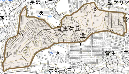 菅生ケ丘とその周辺の地図。町の範囲を重ねている