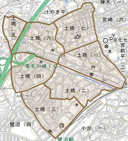 土橋とその周辺の地図。町の範囲を重ねている