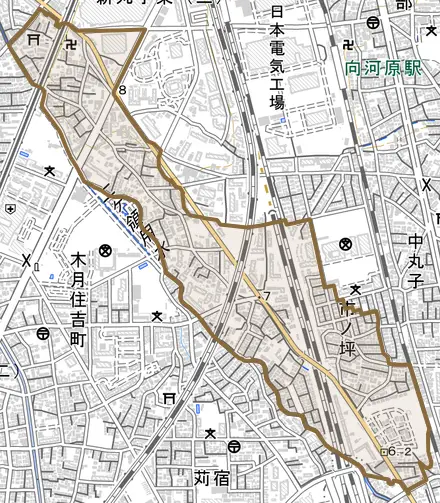 市ノ坪とその周辺の地図。町の範囲を重ねている