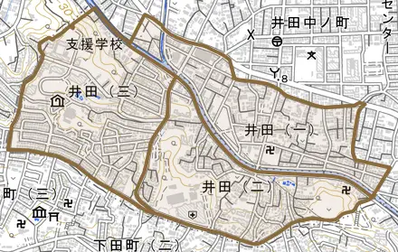 井田とその周辺の地図。町の範囲を重ねている