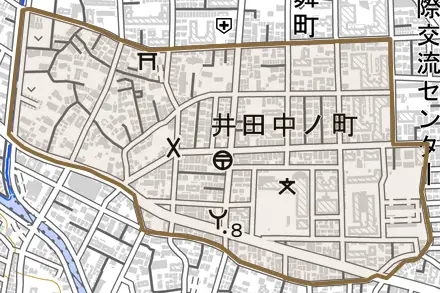 井田中ノ町とその周辺の地図。町の範囲を重ねている