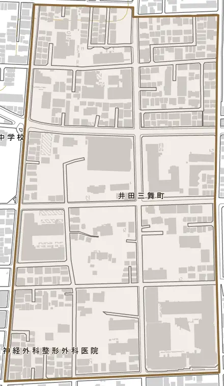 井田三舞町とその周辺の地図。町の範囲を重ねている