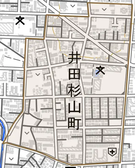 井田杉山町とその周辺の地図。町の範囲を重ねている