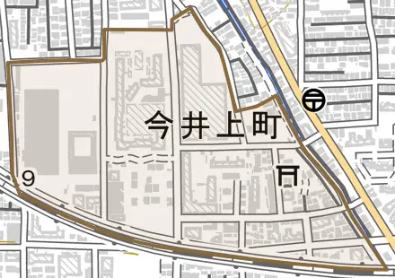 今井上町とその周辺の地図。町の範囲を重ねている