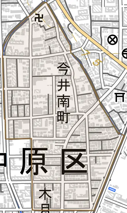 今井南町とその周辺の地図。町の範囲を重ねている