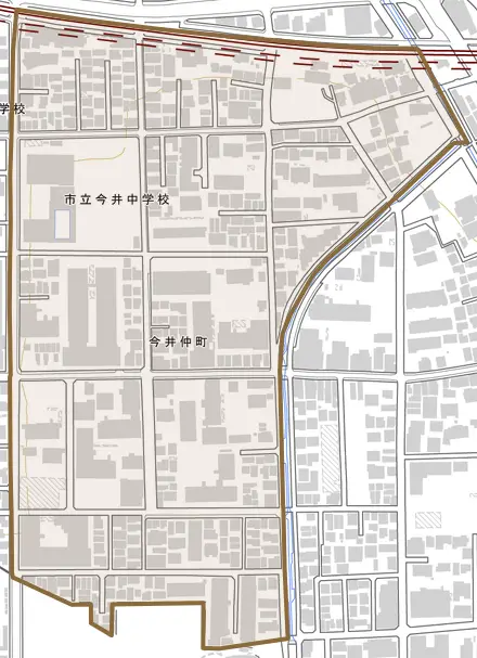 今井仲町とその周辺の地図。町の範囲を重ねている