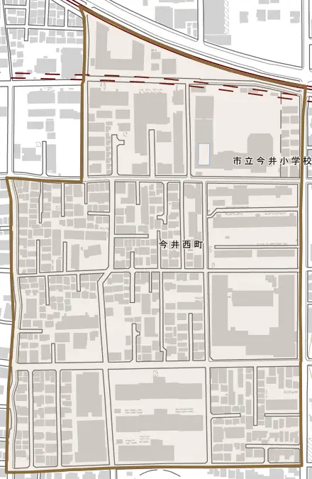 今井西町とその周辺の地図。町の範囲を重ねている