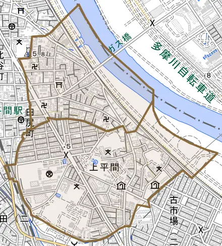 上平間とその周辺の地図。町の範囲を重ねている