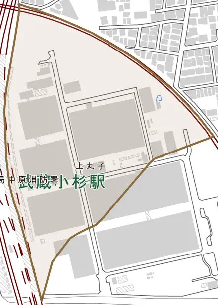 上丸子とその周辺の地図。町の範囲を重ねている