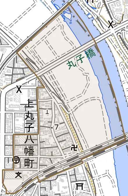 上丸子八幡町とその周辺の地図。町の範囲を重ねている