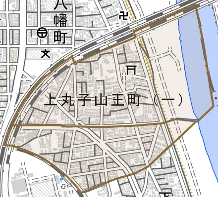 上丸子山王町とその周辺の地図。町の範囲を重ねている