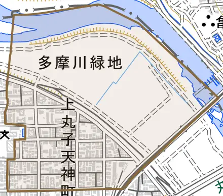 上丸子天神町とその周辺の地図。町の範囲を重ねている