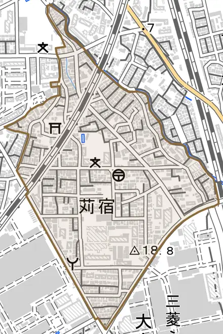 苅宿とその周辺の地図。町の範囲を重ねている