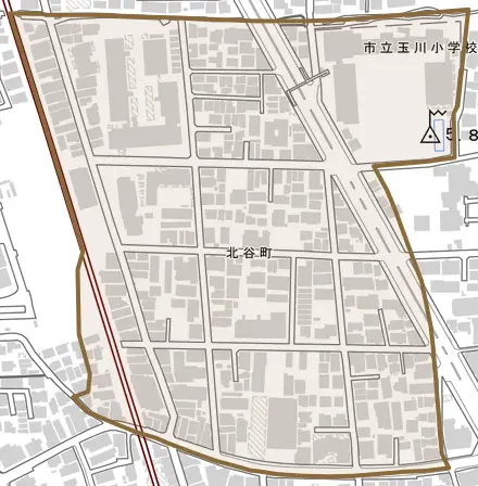 北谷町とその周辺の地図。町の範囲を重ねている