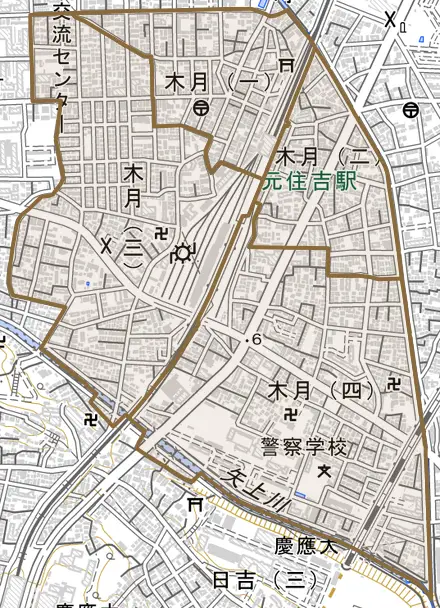 木月とその周辺の地図。町の範囲を重ねている