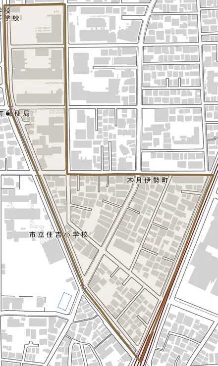 木月伊勢町とその周辺の地図。町の範囲を重ねている