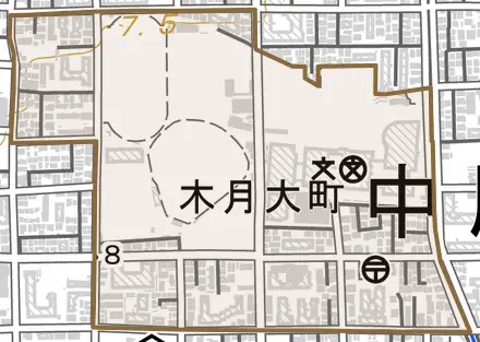 木月大町とその周辺の地図。町の範囲を重ねている