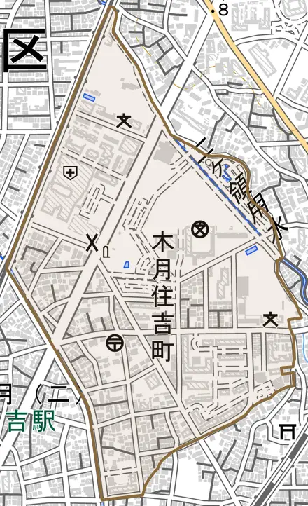 木月住吉町とその周辺の地図。町の範囲を重ねている