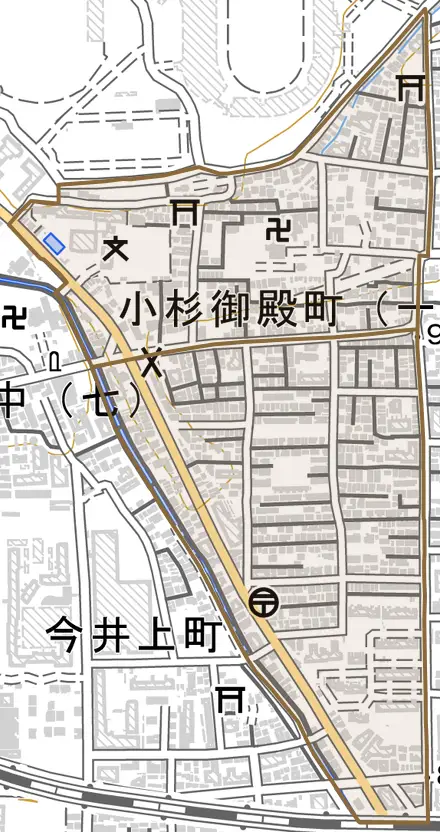 小杉御殿町とその周辺の地図。町の範囲を重ねている