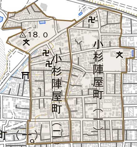 小杉陣屋町とその周辺の地図。町の範囲を重ねている