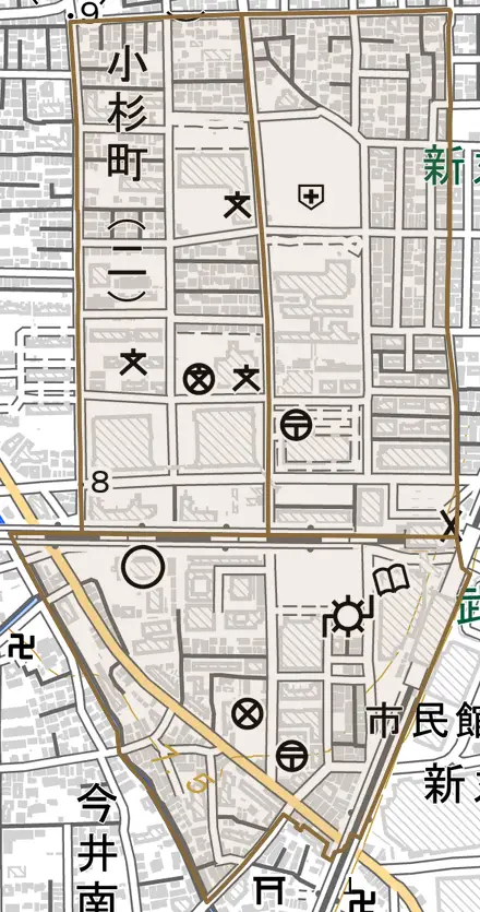 小杉町とその周辺の地図。町の範囲を重ねている