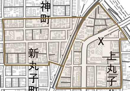 丸子通とその周辺の地図。町の範囲を重ねている